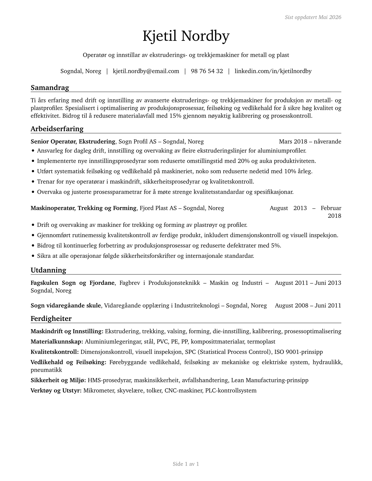 Extruding and Drawing Machine Setters, Operators, and Tenders, Metal and Plastic CV in Norwegian_nynorsk — page 1