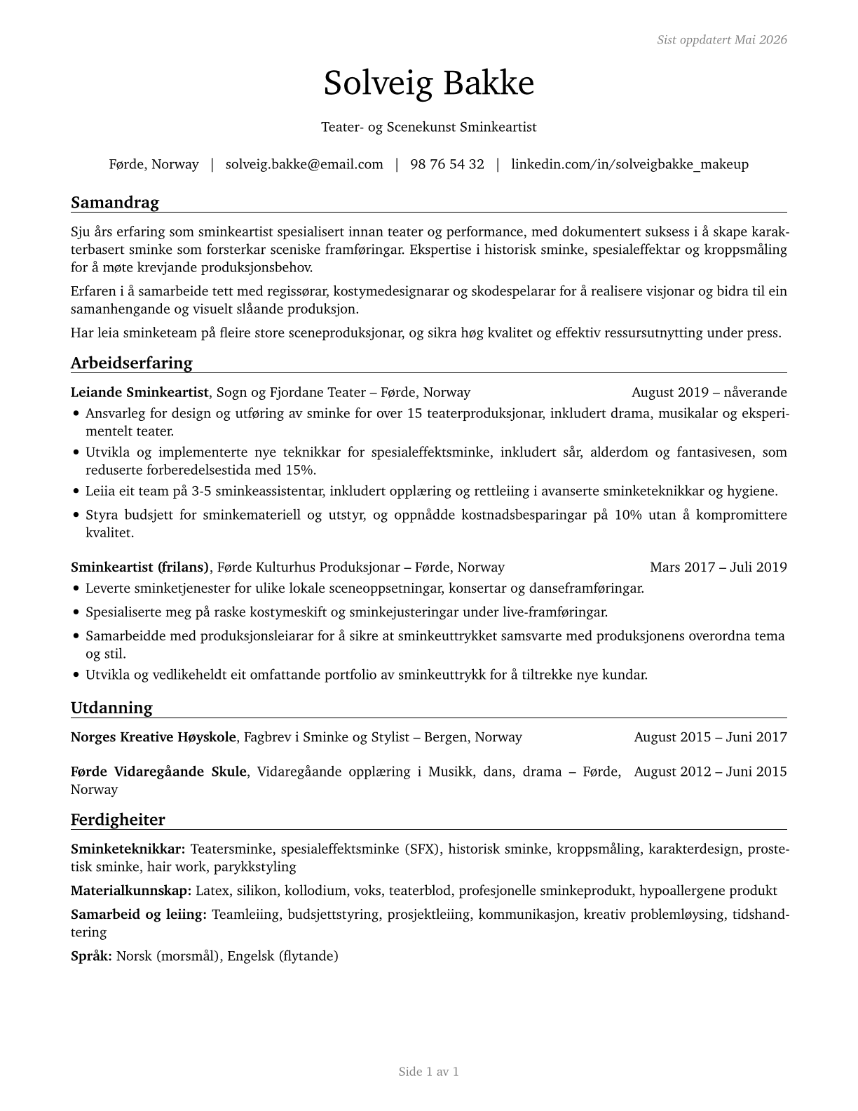Makeup Artists, Theatrical and Performance CV in Norwegian_nynorsk — page 1