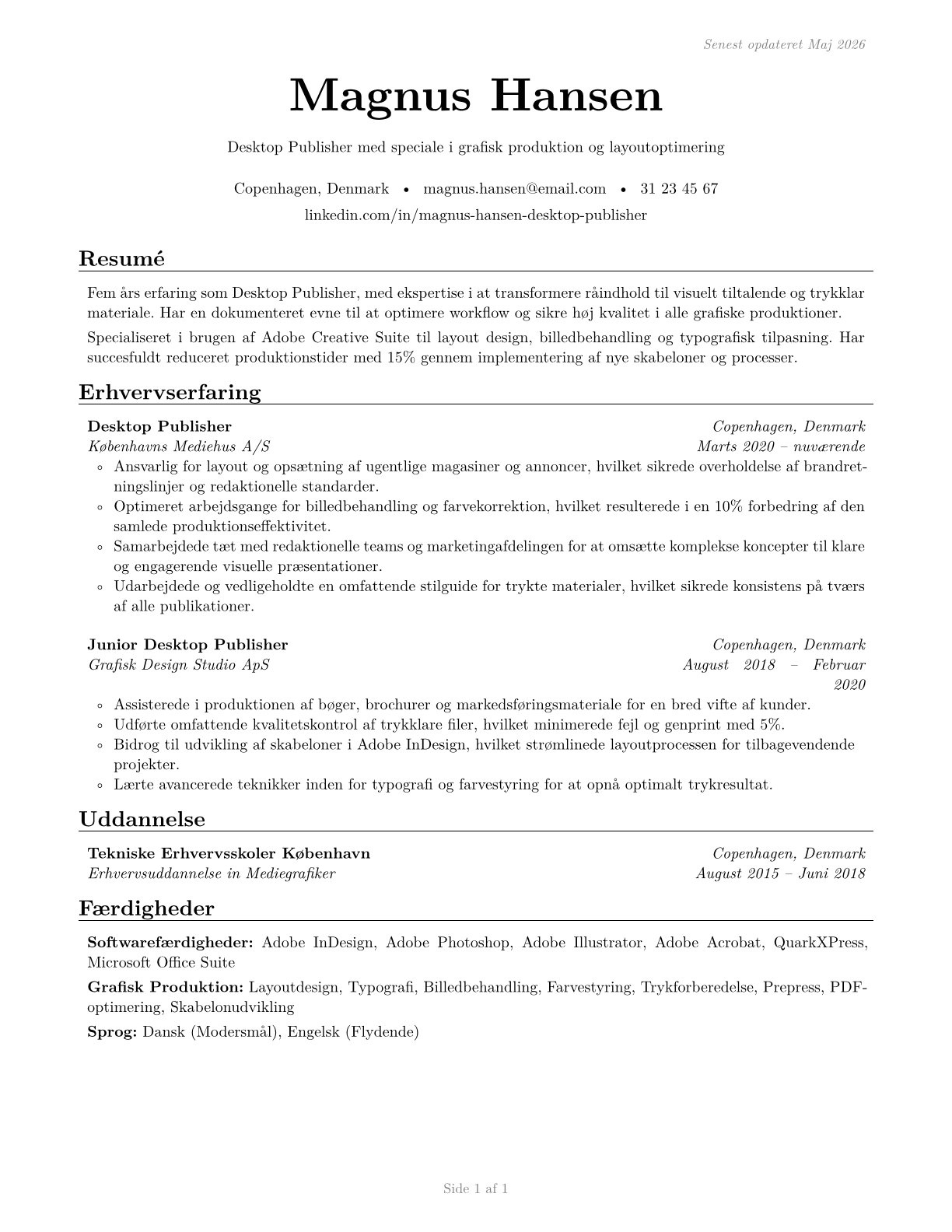 Desktop Publishers CV in Danish — page 1