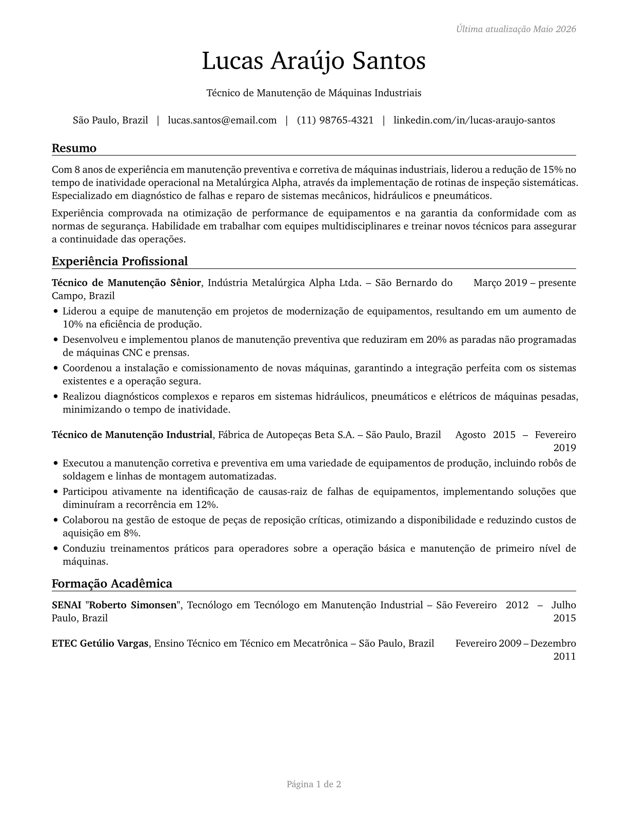 Maintenance Workers, Machinery CV in Portuguese — page 1