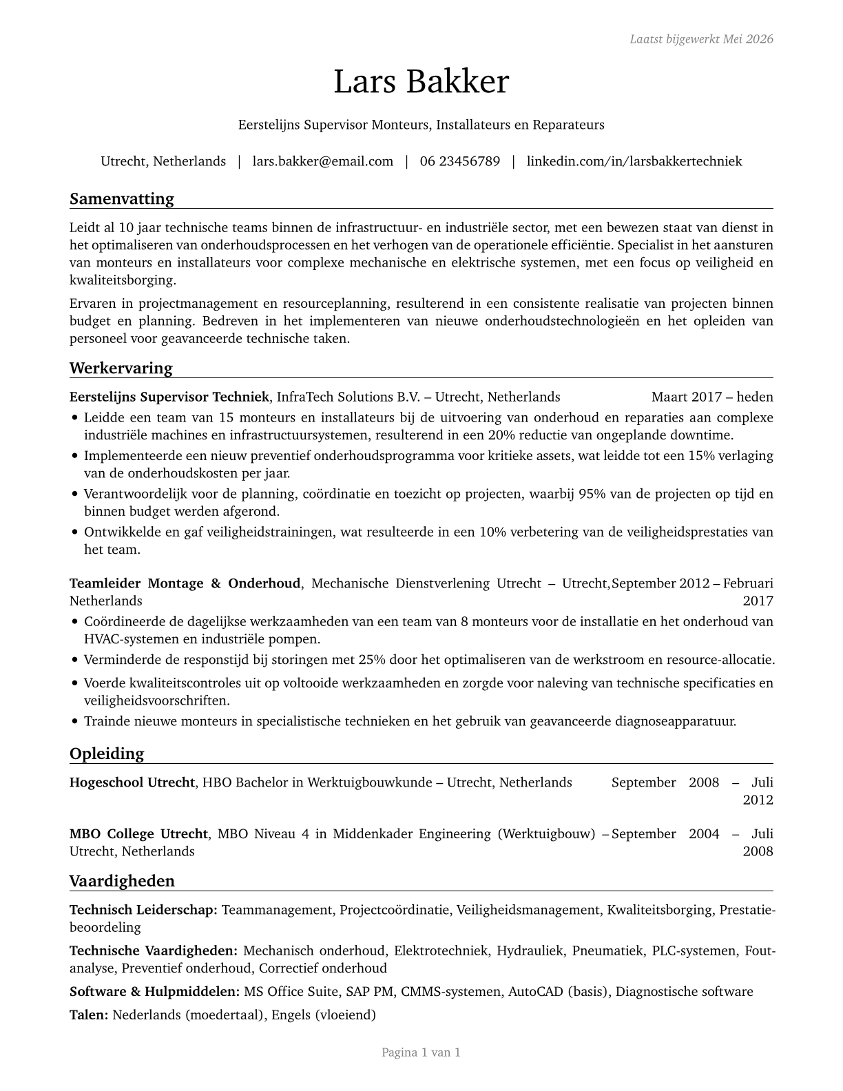 First-Line Supervisors of Mechanics, Installers, and Repairers CV in Dutch — page 1