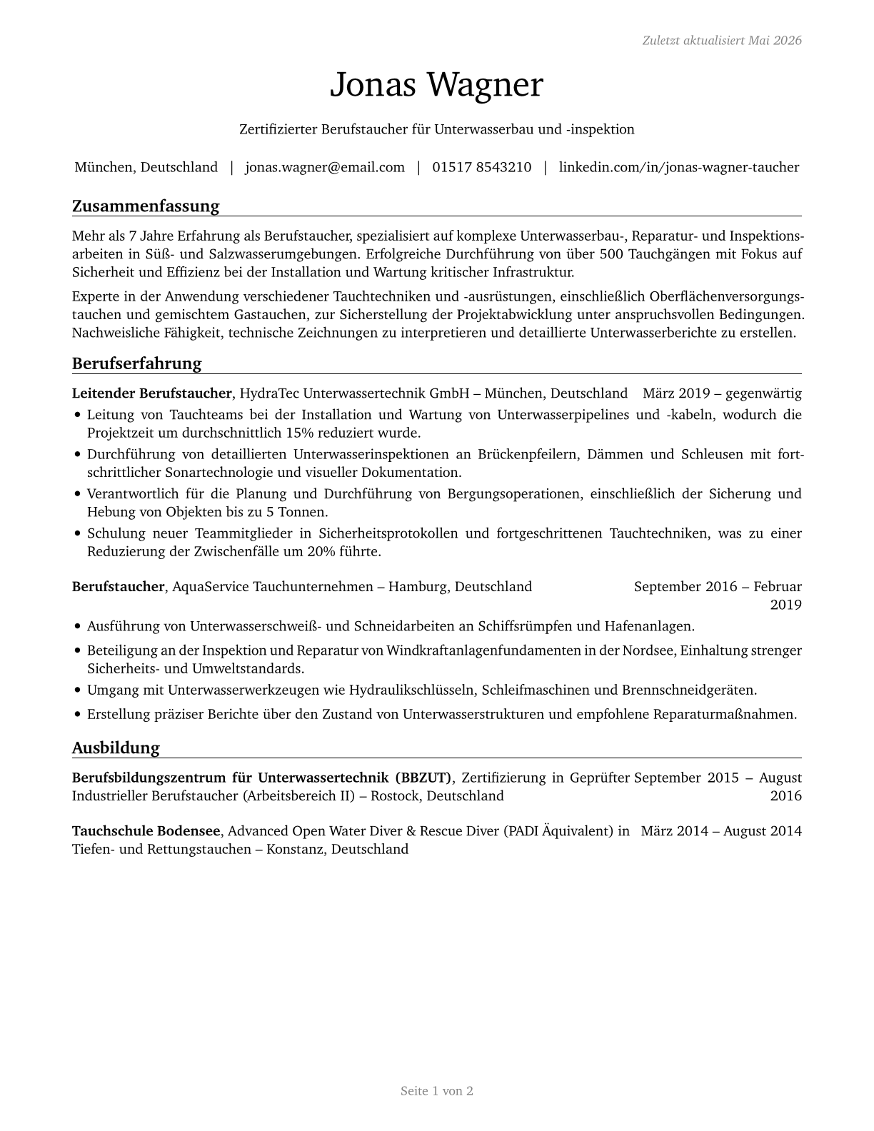 Commercial Divers CV in German — page 1