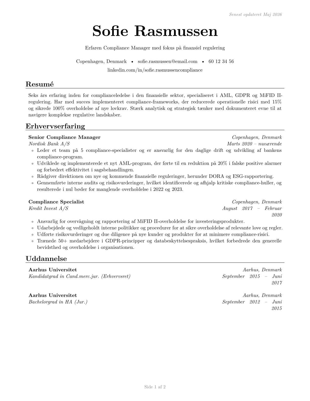 Compliance Managers CV in Danish — page 1