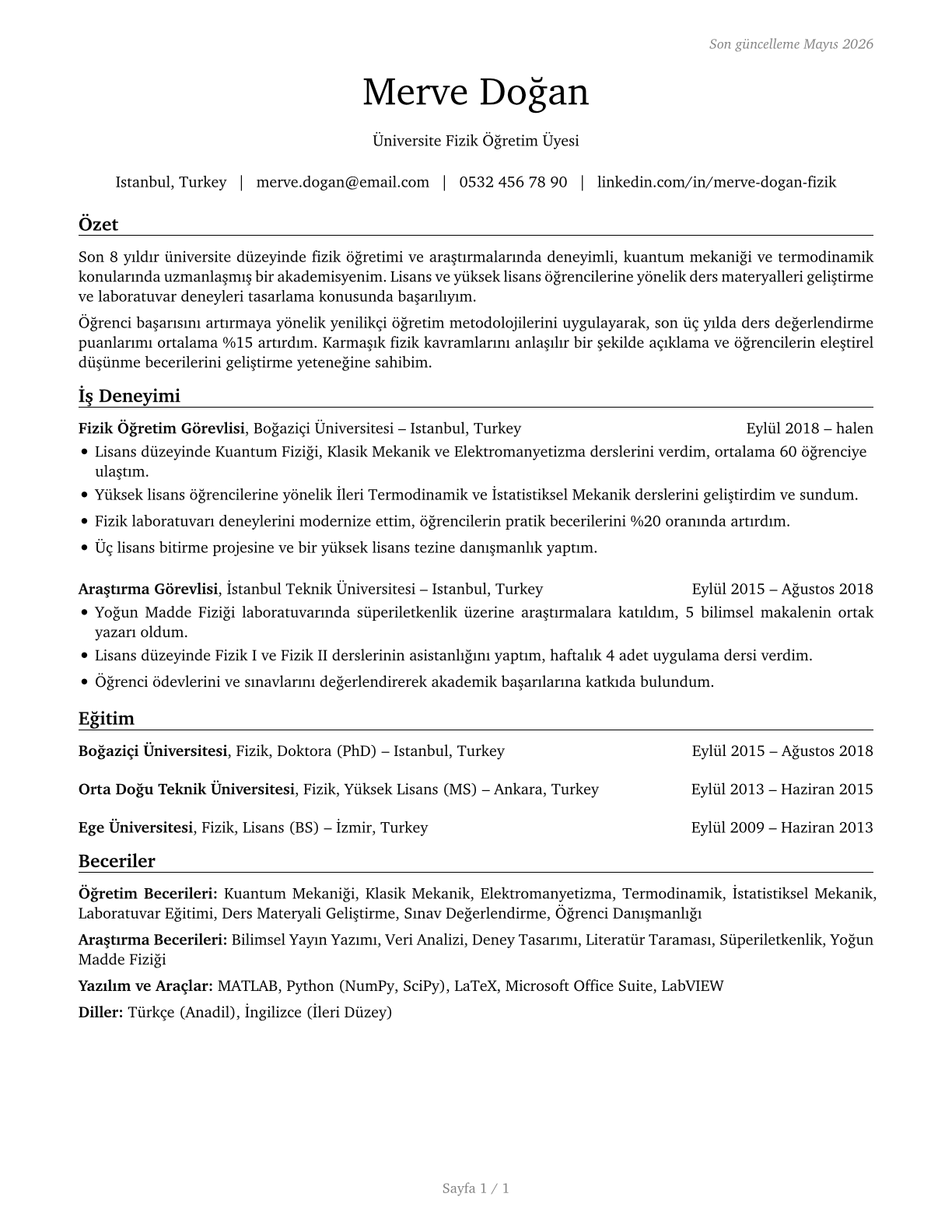 Physics Teachers, Postsecondary CV in Turkish — page 1