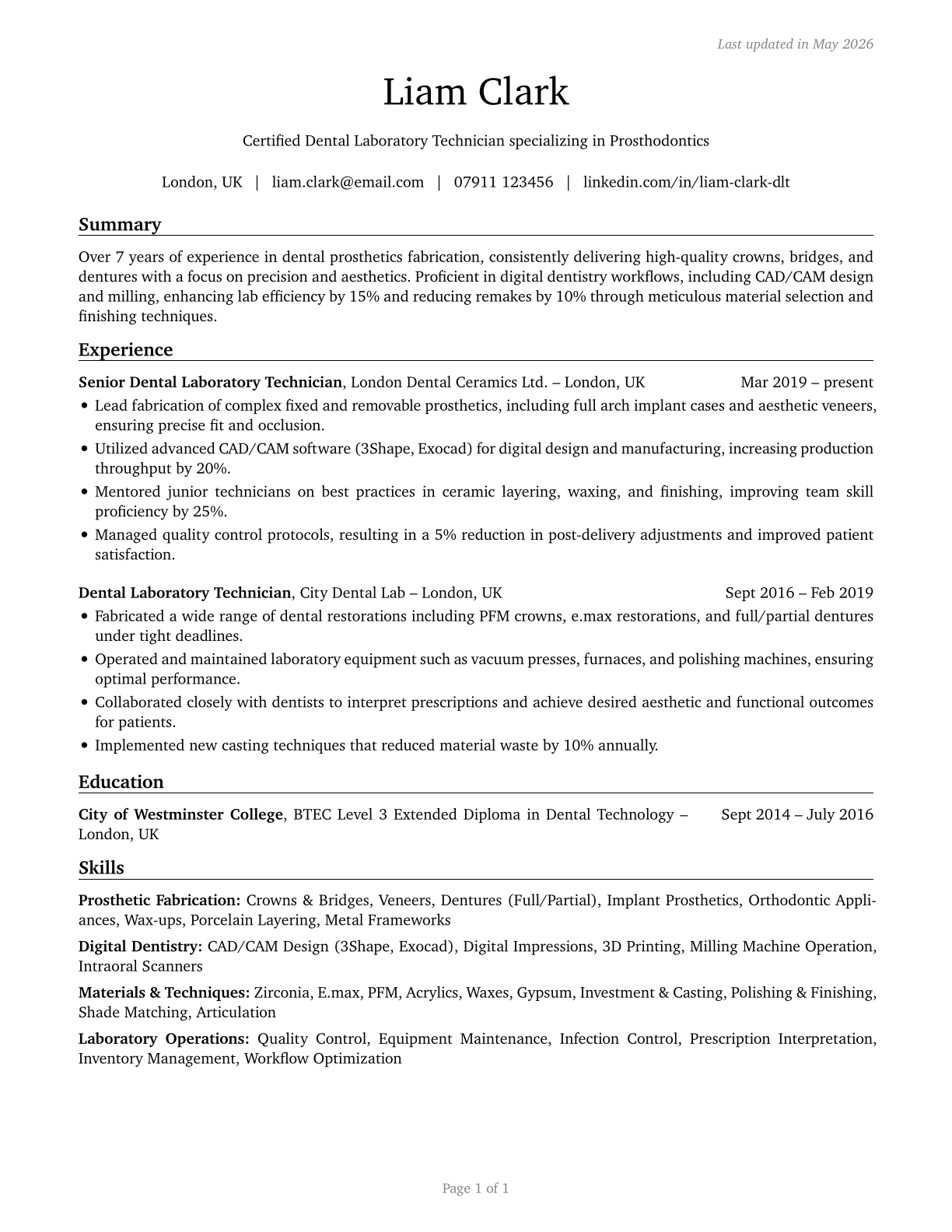 Dental Laboratory Technicians CV in English — page 1