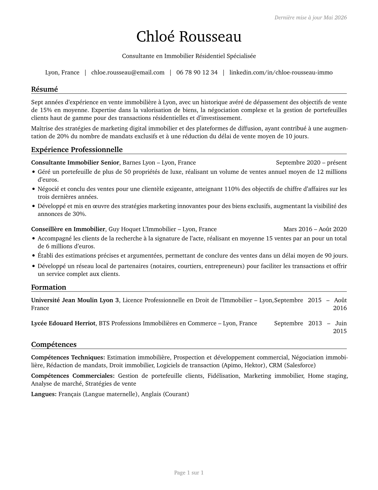Real Estate Sales Agents CV in French — page 1
