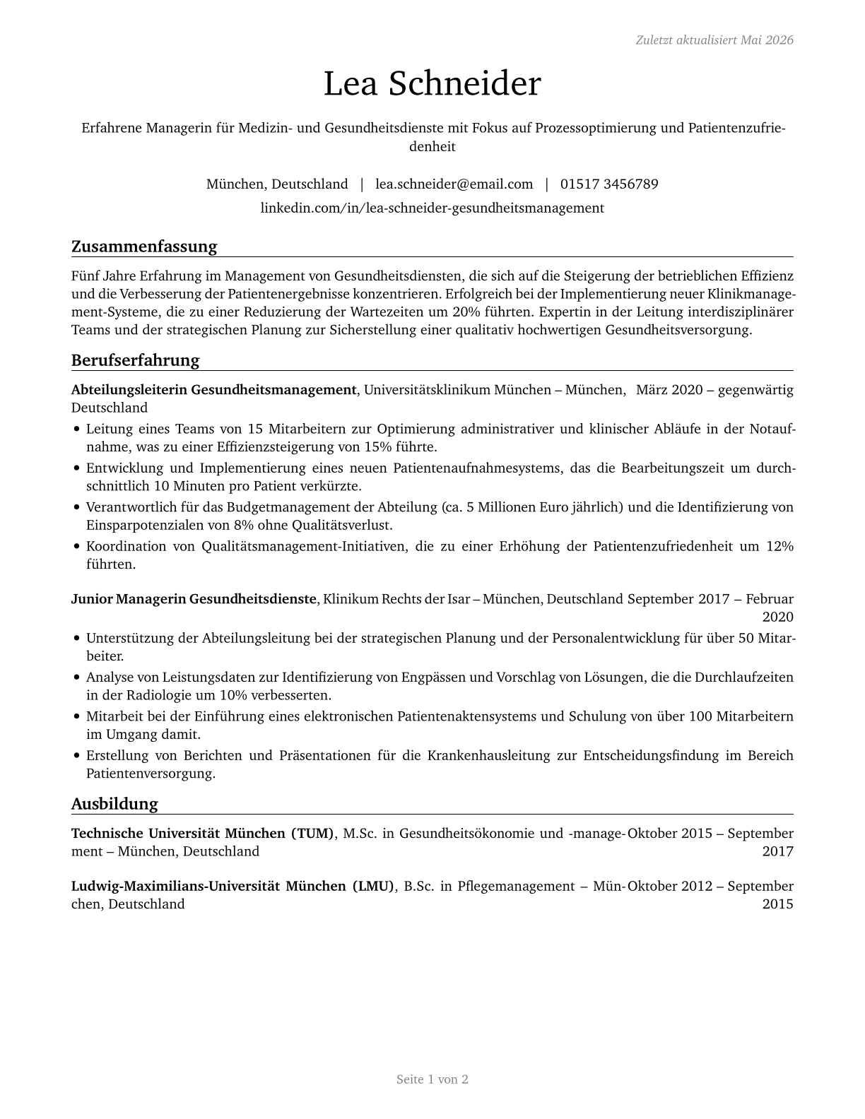 Medical and Health Services Managers CV in German — page 1