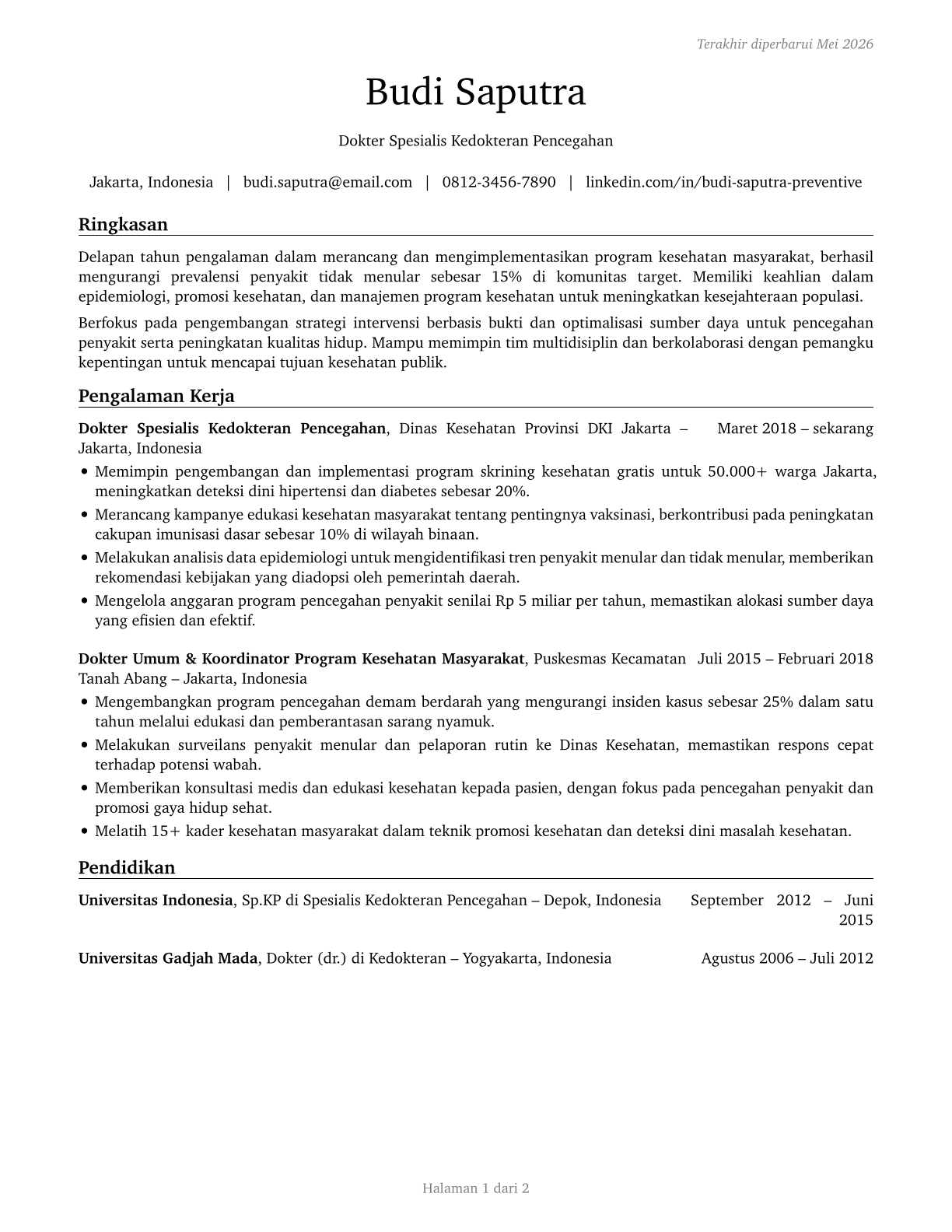 Preventive Medicine Physicians CV in Indonesian — page 1