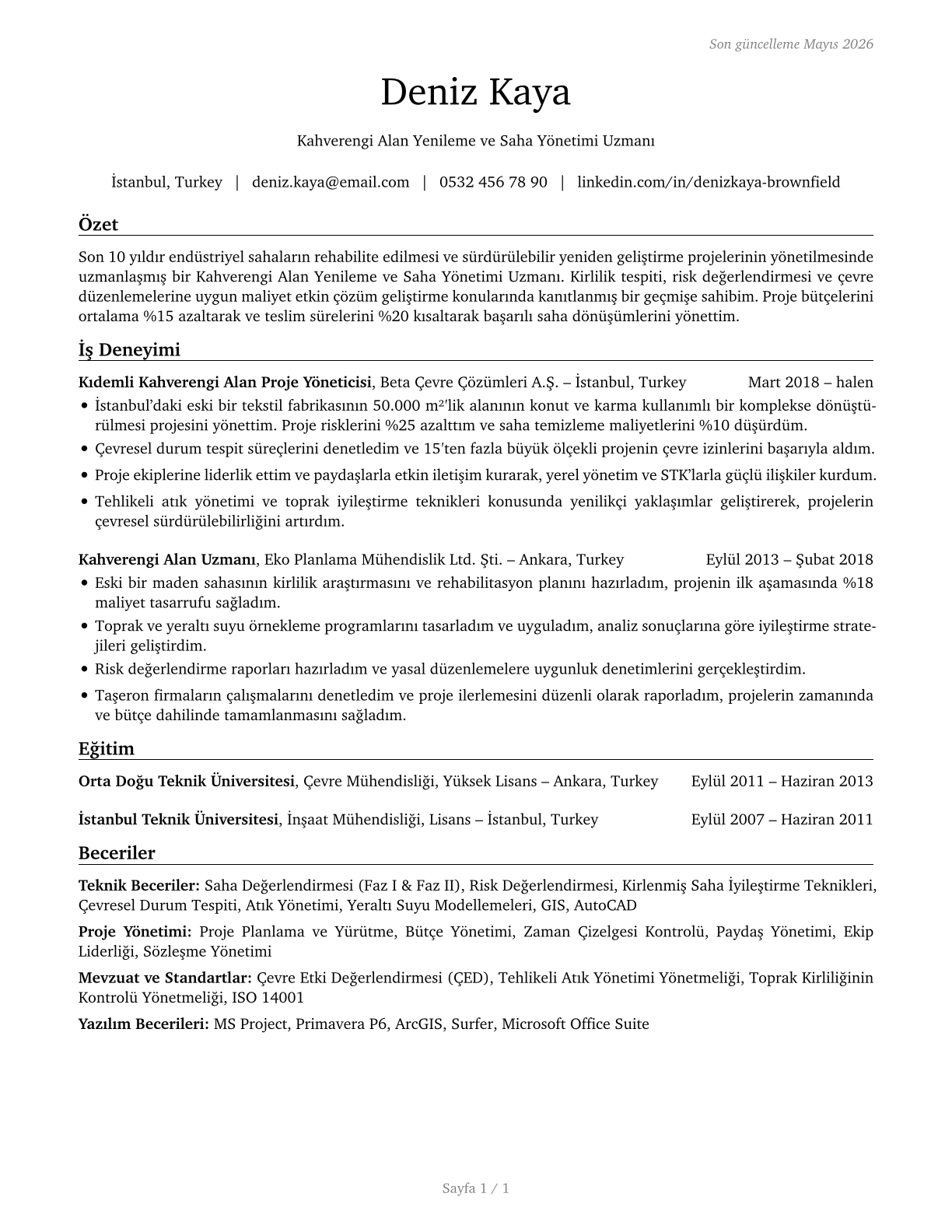 Brownfield Redevelopment Specialists and Site Managers CV in Turkish — page 1