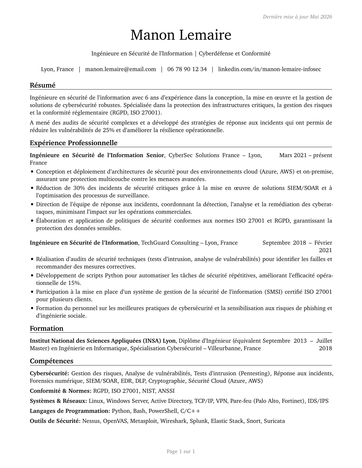 Information Security Engineers CV in French — page 1