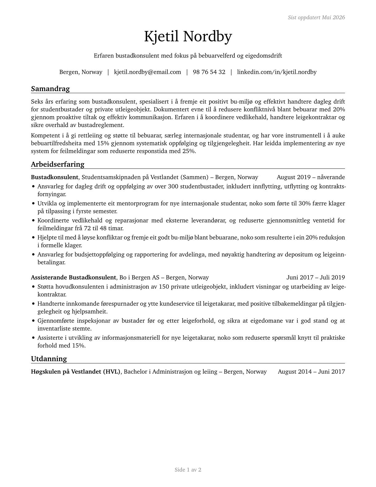 Residential Advisors CV in Norwegian_nynorsk — page 1