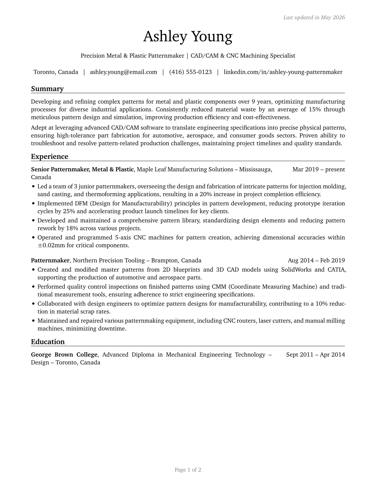 Patternmakers, Metal and Plastic CV in English — page 1