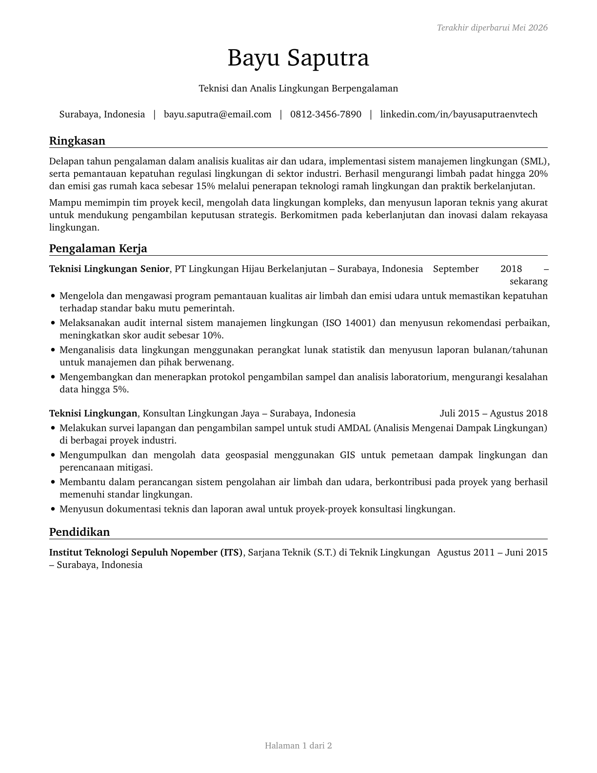 Environmental Engineering Technologists and Technicians CV in Indonesian — page 1