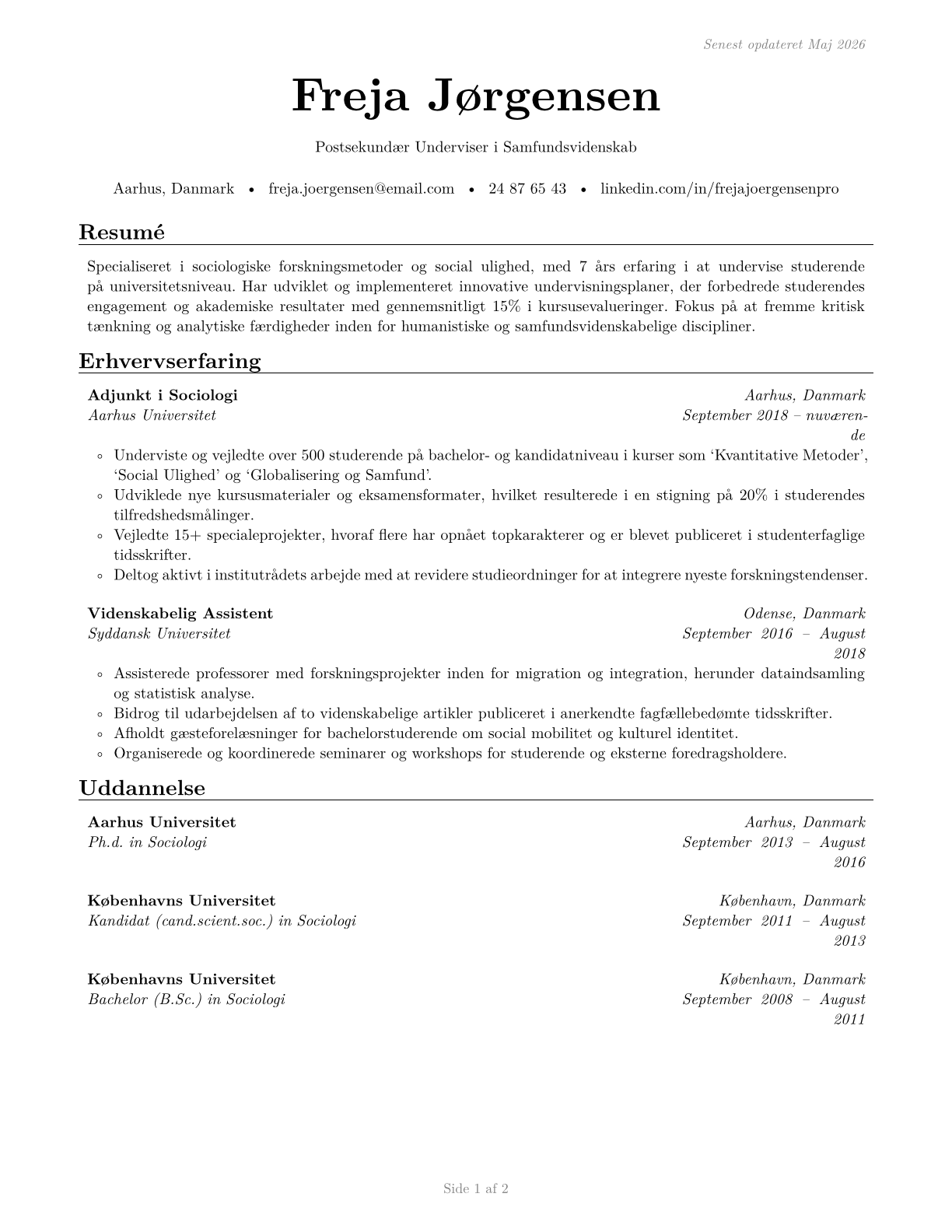 Social Sciences Teachers, Postsecondary, All Other CV in Danish — page 1