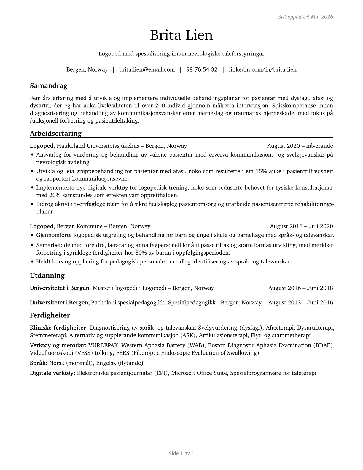 Speech-Language Pathologists CV in Norwegian_nynorsk — page 1