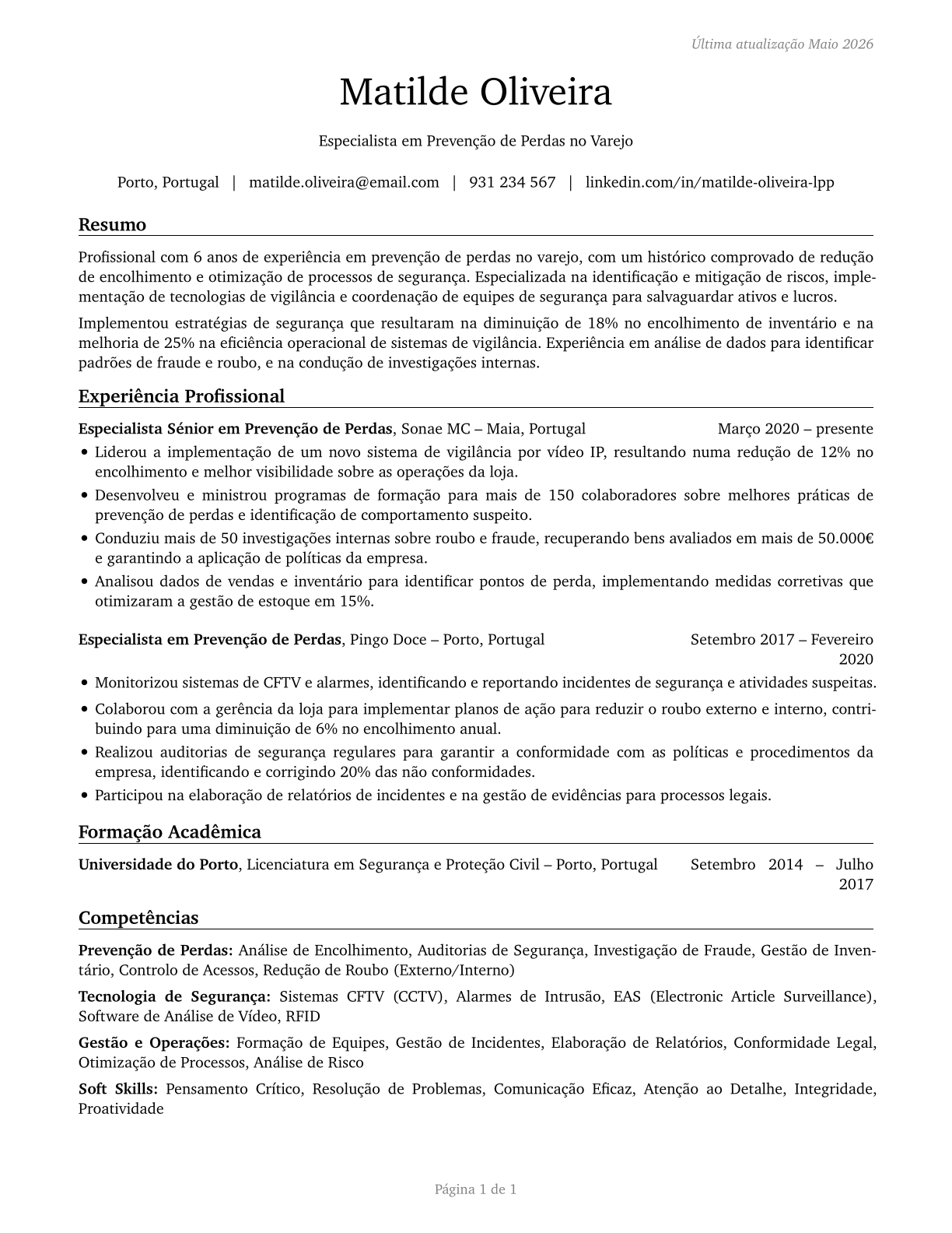 Retail Loss Prevention Specialists CV in Portuguese — page 1