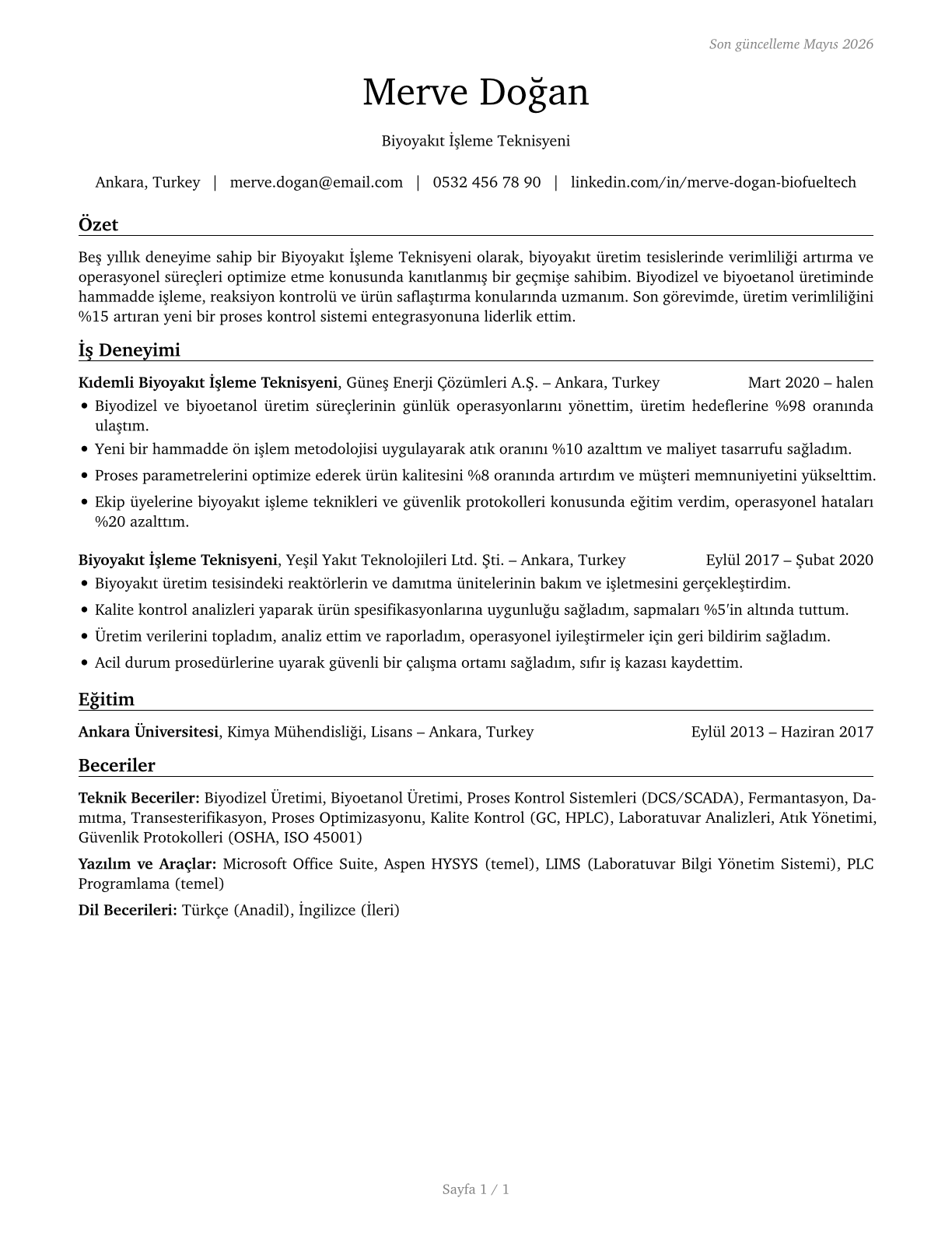 Biofuels Processing Technicians CV in Turkish — page 1