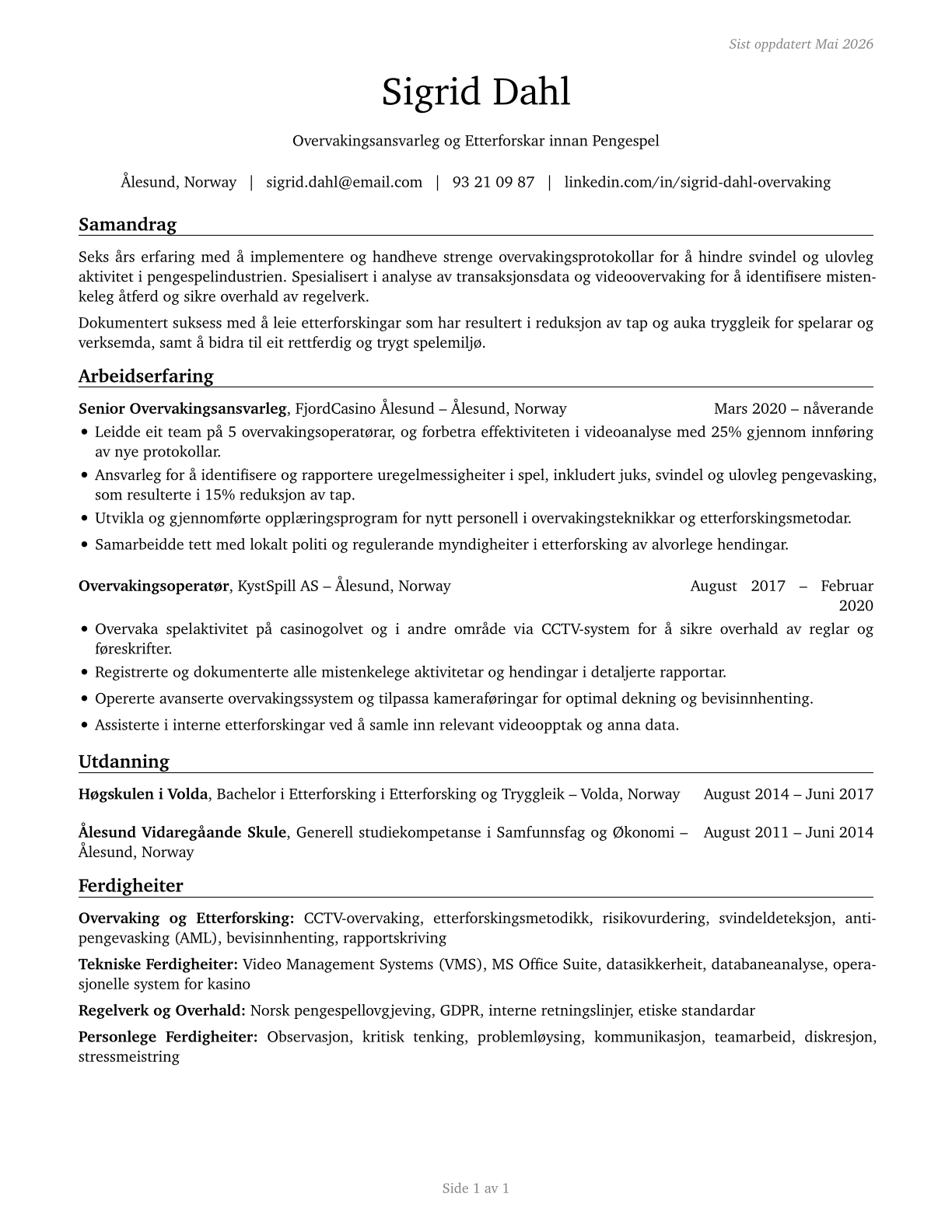 Gambling Surveillance Officers and Gambling Investigators CV in Norwegian_nynorsk — page 1