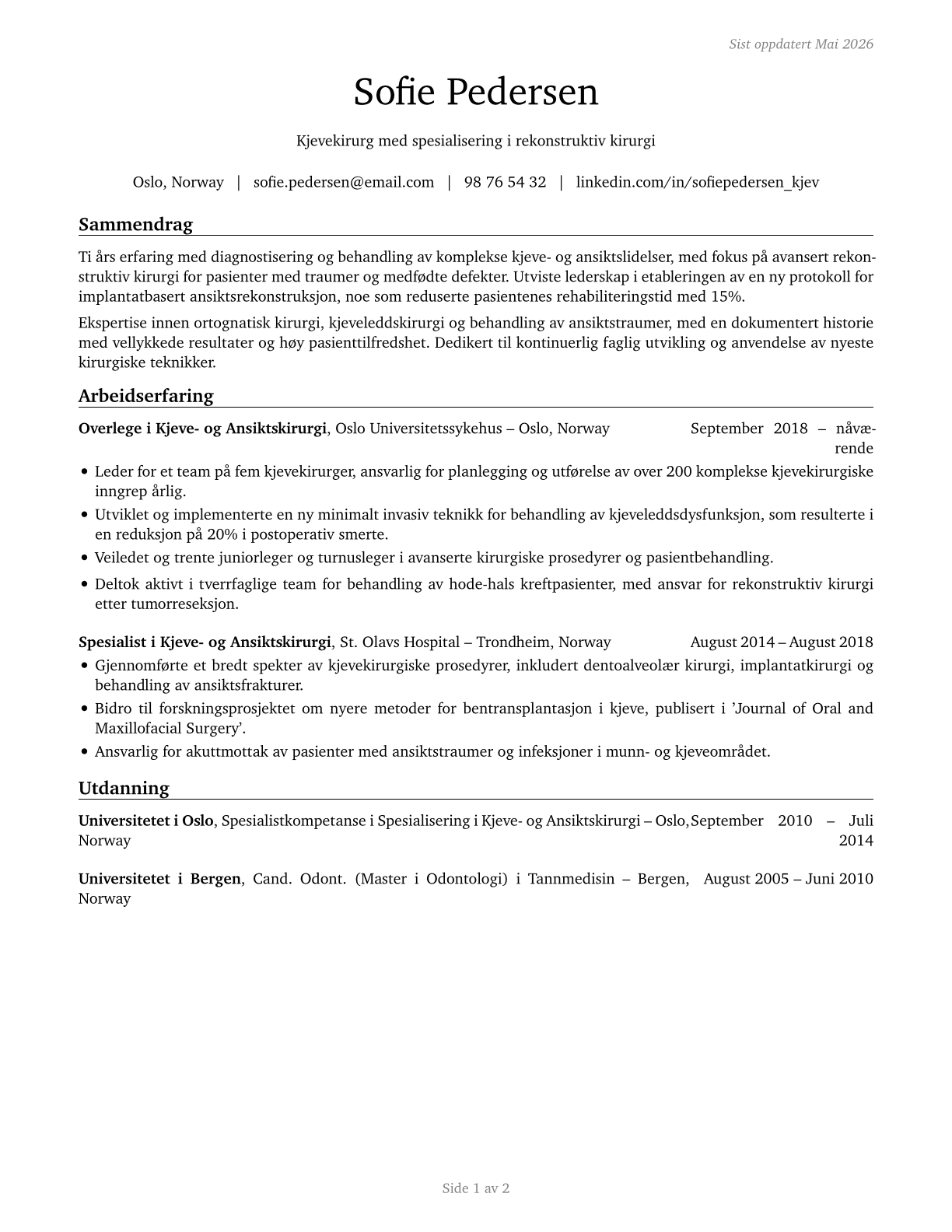 Oral and Maxillofacial Surgeons CV in Norwegian_bokmal — page 1