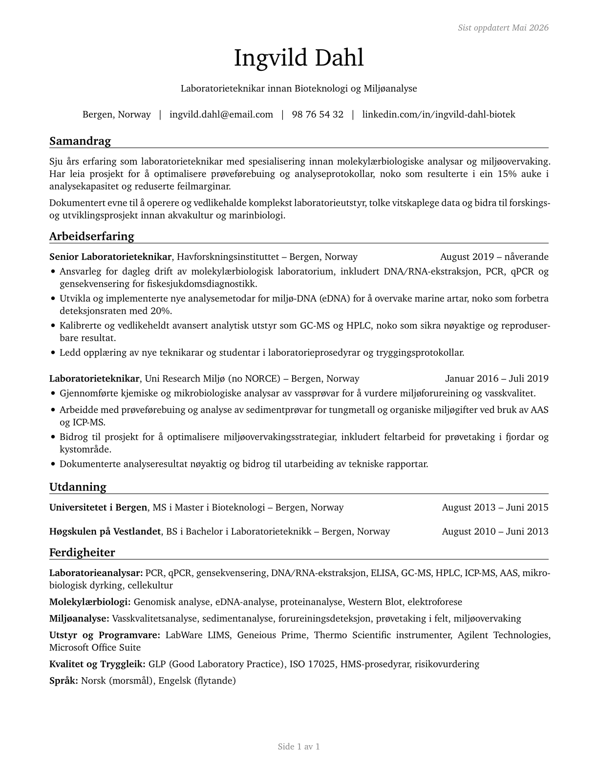 Life, Physical, and Social Science Technicians, All Other CV in Norwegian_nynorsk — page 1