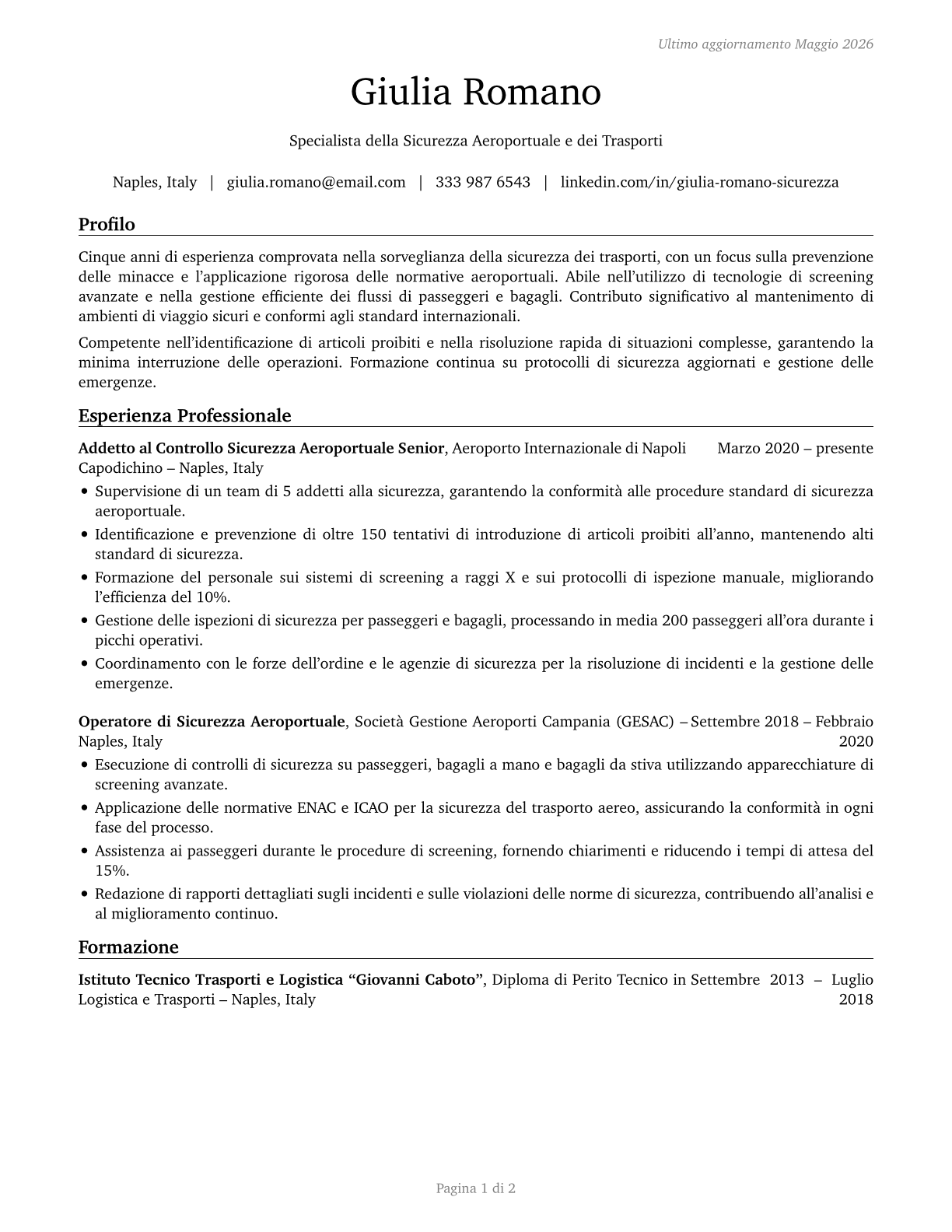 Transportation Security Screeners CV in Italian — page 1