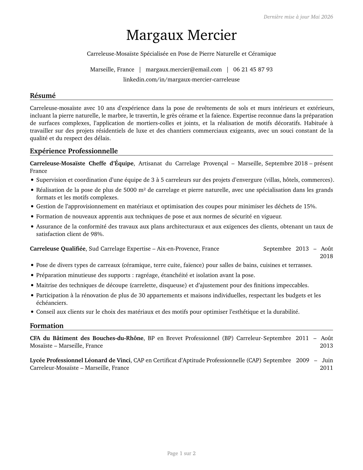 Tile and Stone Setters CV in French — page 1