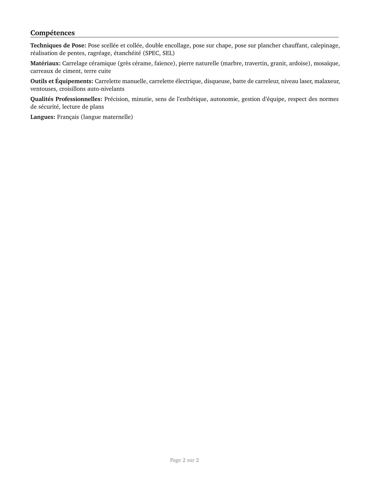 Tile and Stone Setters CV in French — page 2