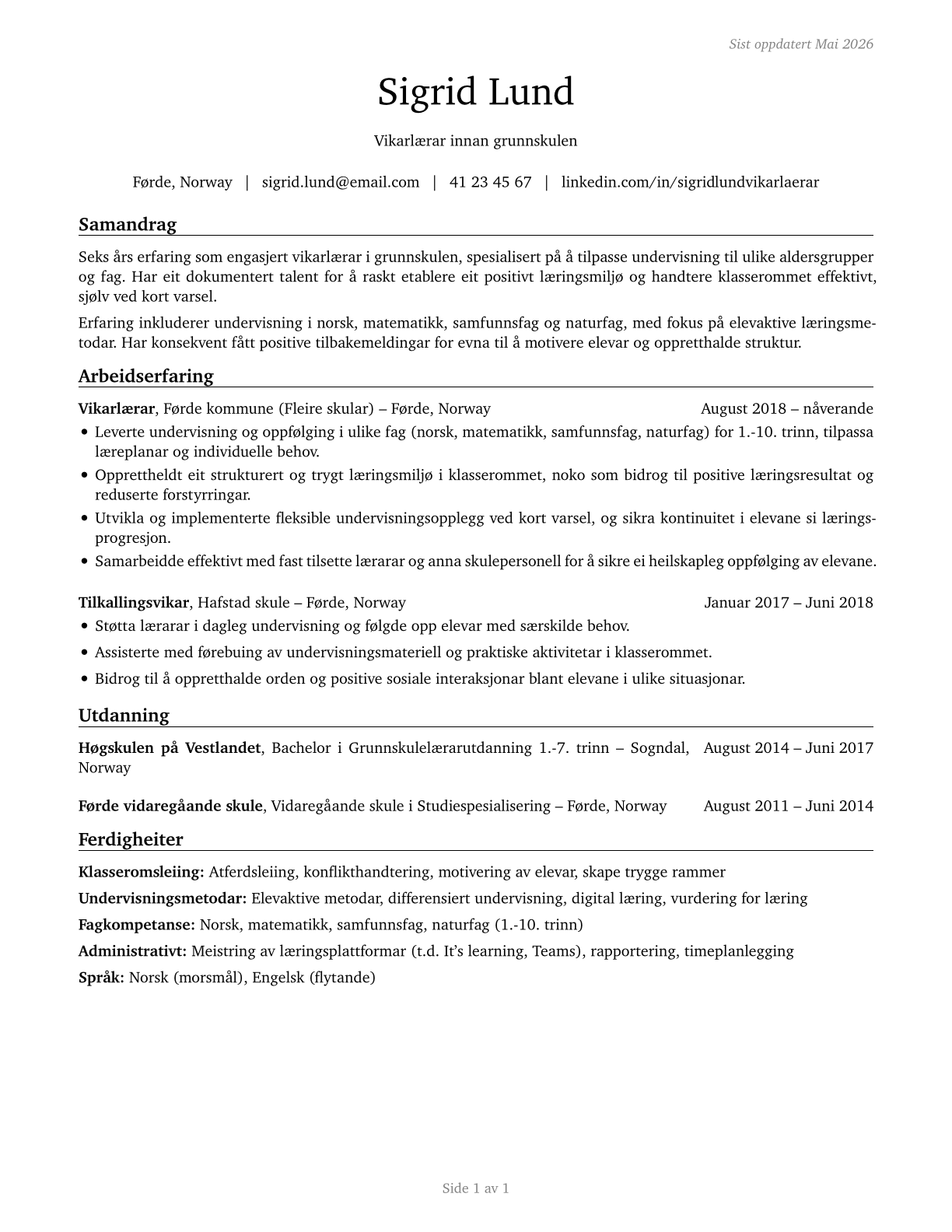 Substitute Teachers, Short-Term CV in Norwegian_nynorsk — page 1