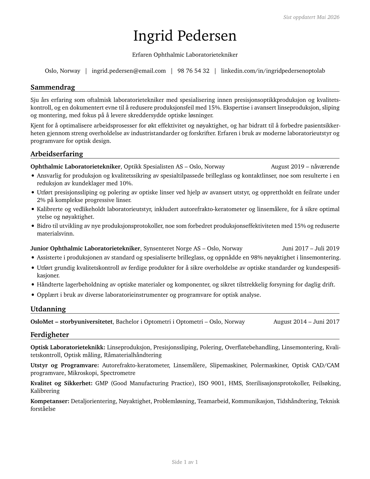 Ophthalmic Laboratory Technicians CV in Norwegian_bokmal — page 1