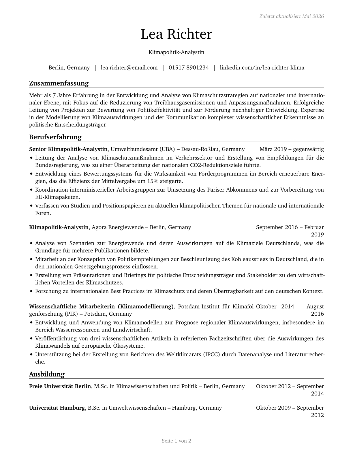 Climate Change Policy Analysts CV in German — page 1