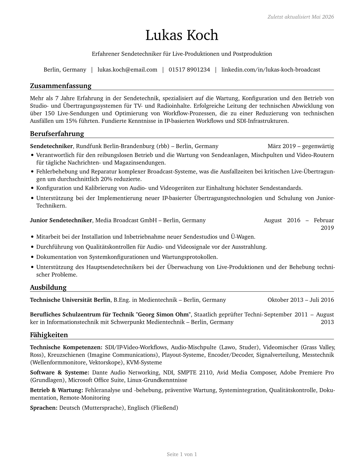 Broadcast Technicians CV in German — page 1