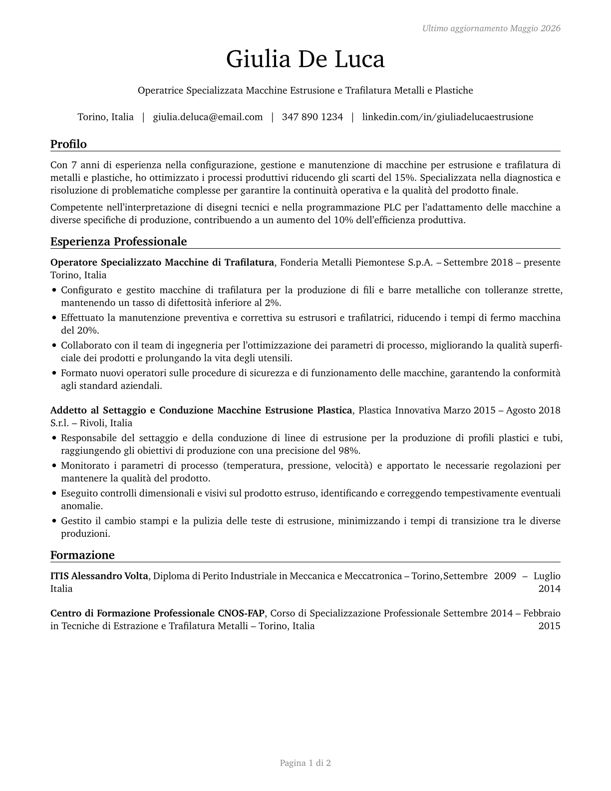 Extruding and Drawing Machine Setters, Operators, and Tenders, Metal and Plastic CV in Italian — page 1