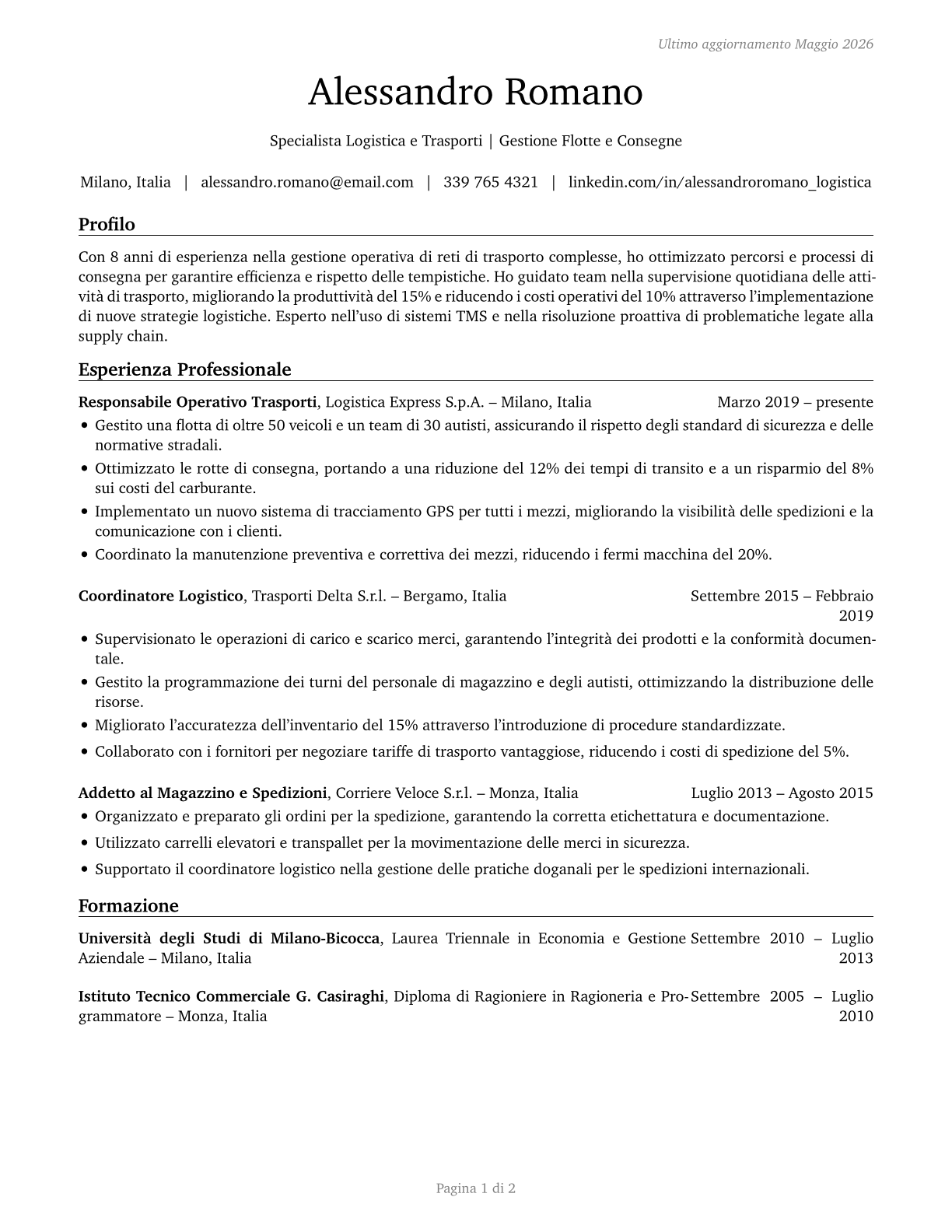 Transportation Workers, All Other CV in Italian — page 1