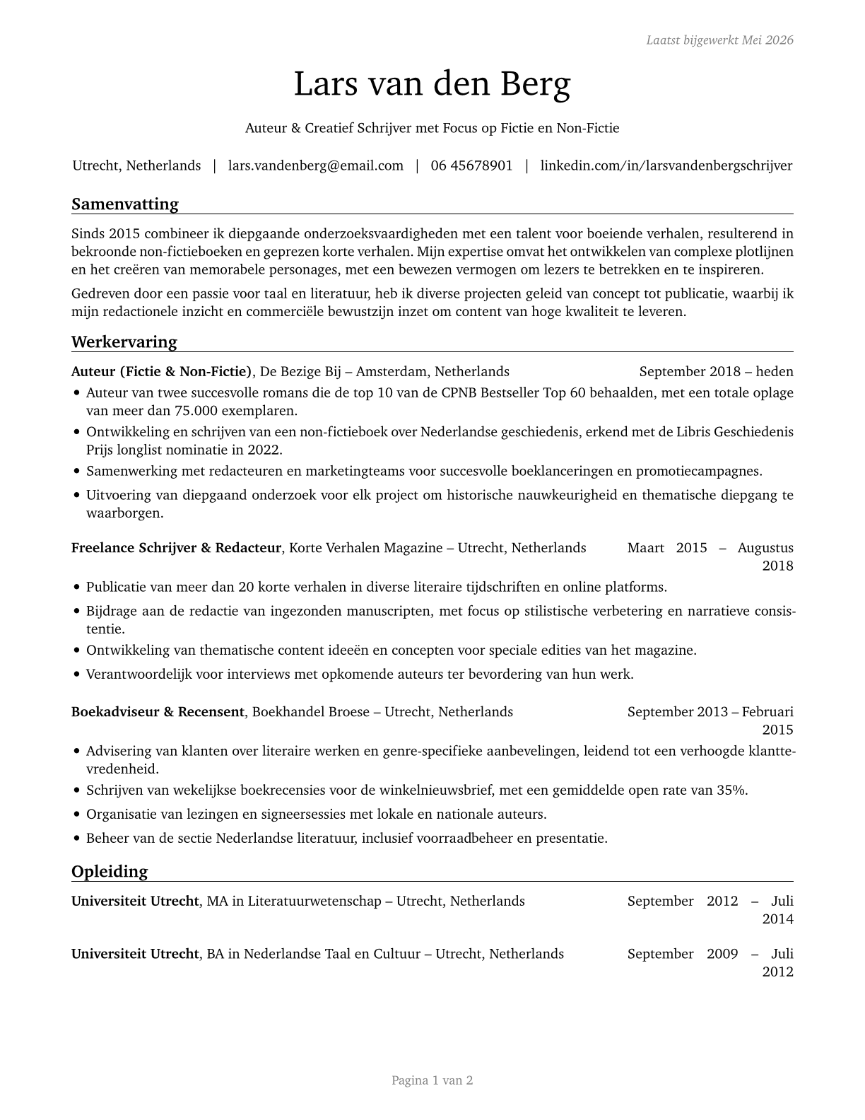 Writers and Authors CV in Dutch — page 1