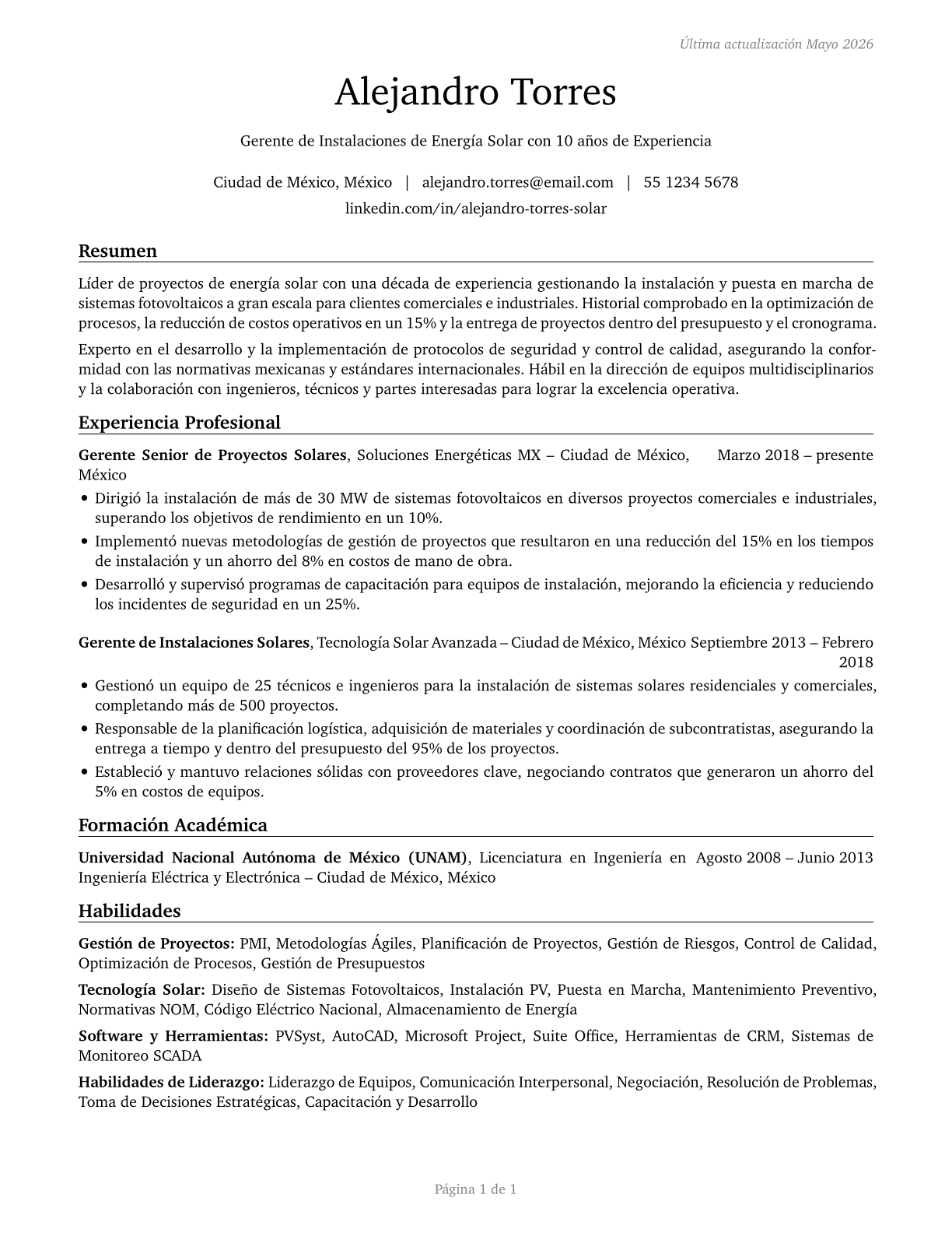 Solar Energy Installation Managers CV in Spanish — page 1