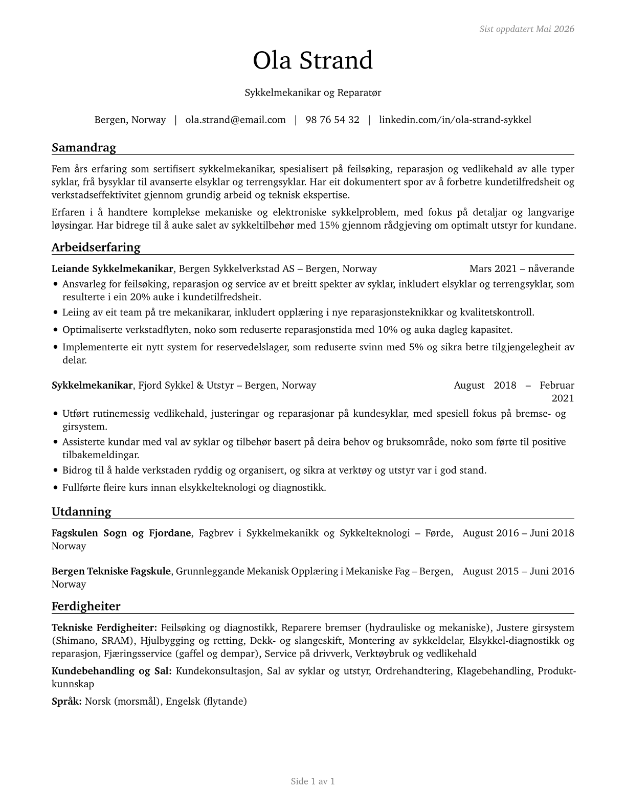 Bicycle Repairers CV in Norwegian_nynorsk — page 1