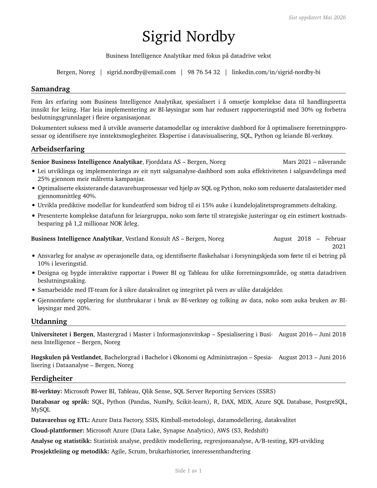Business Intelligence Analysts CV in Norwegian_nynorsk — page 1