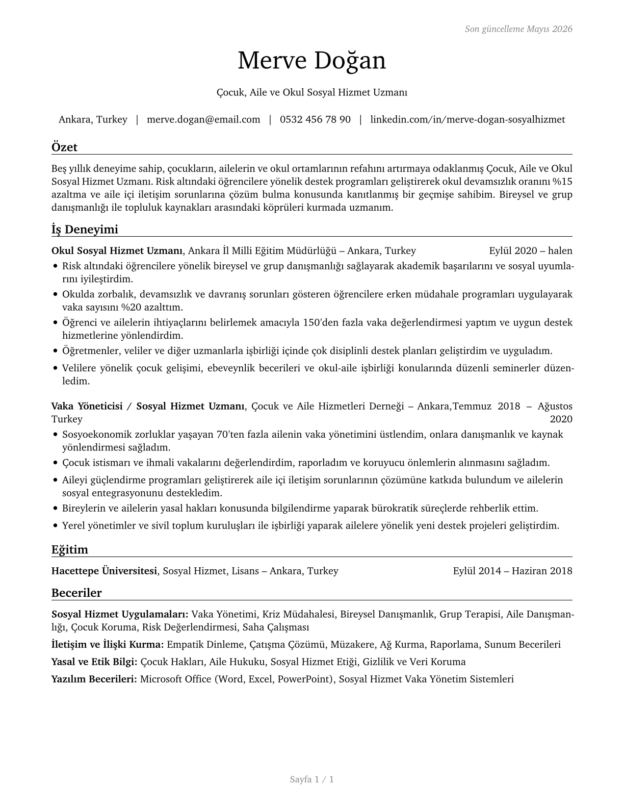 Child, Family, and School Social Workers CV in Turkish — page 1