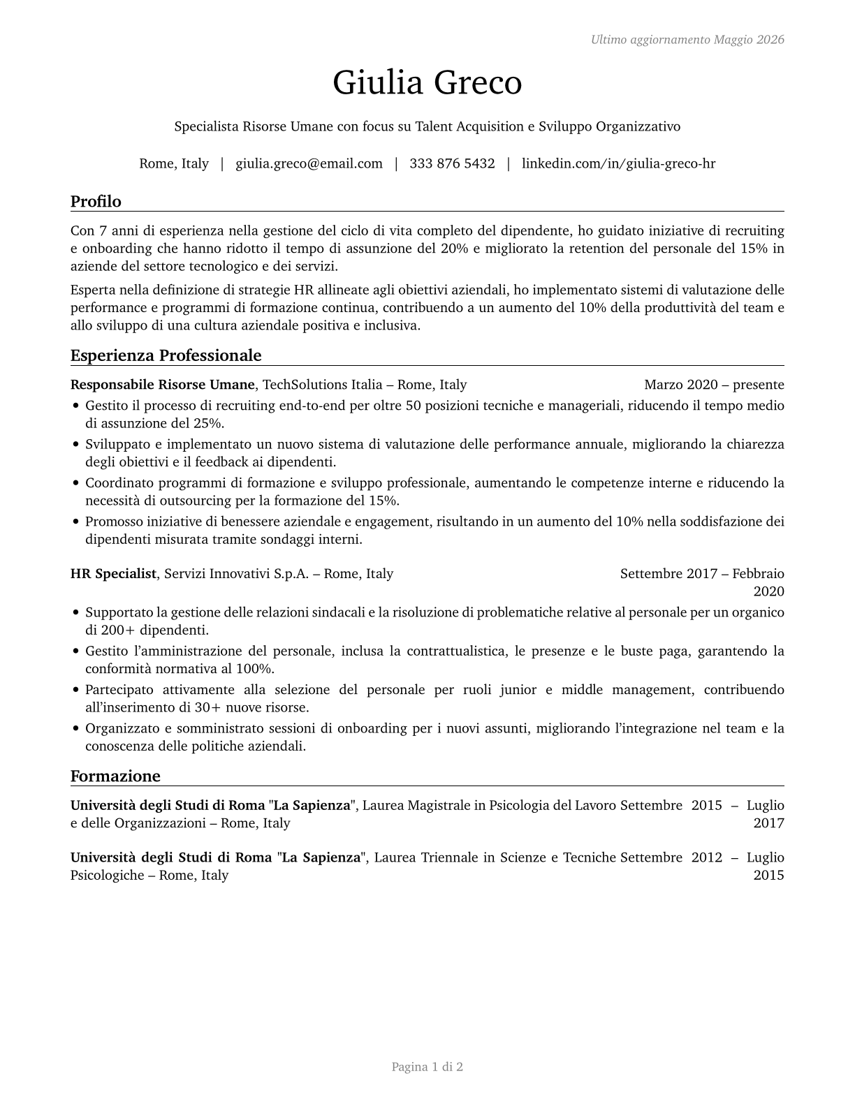 Human Resources Specialists CV in Italian — page 1