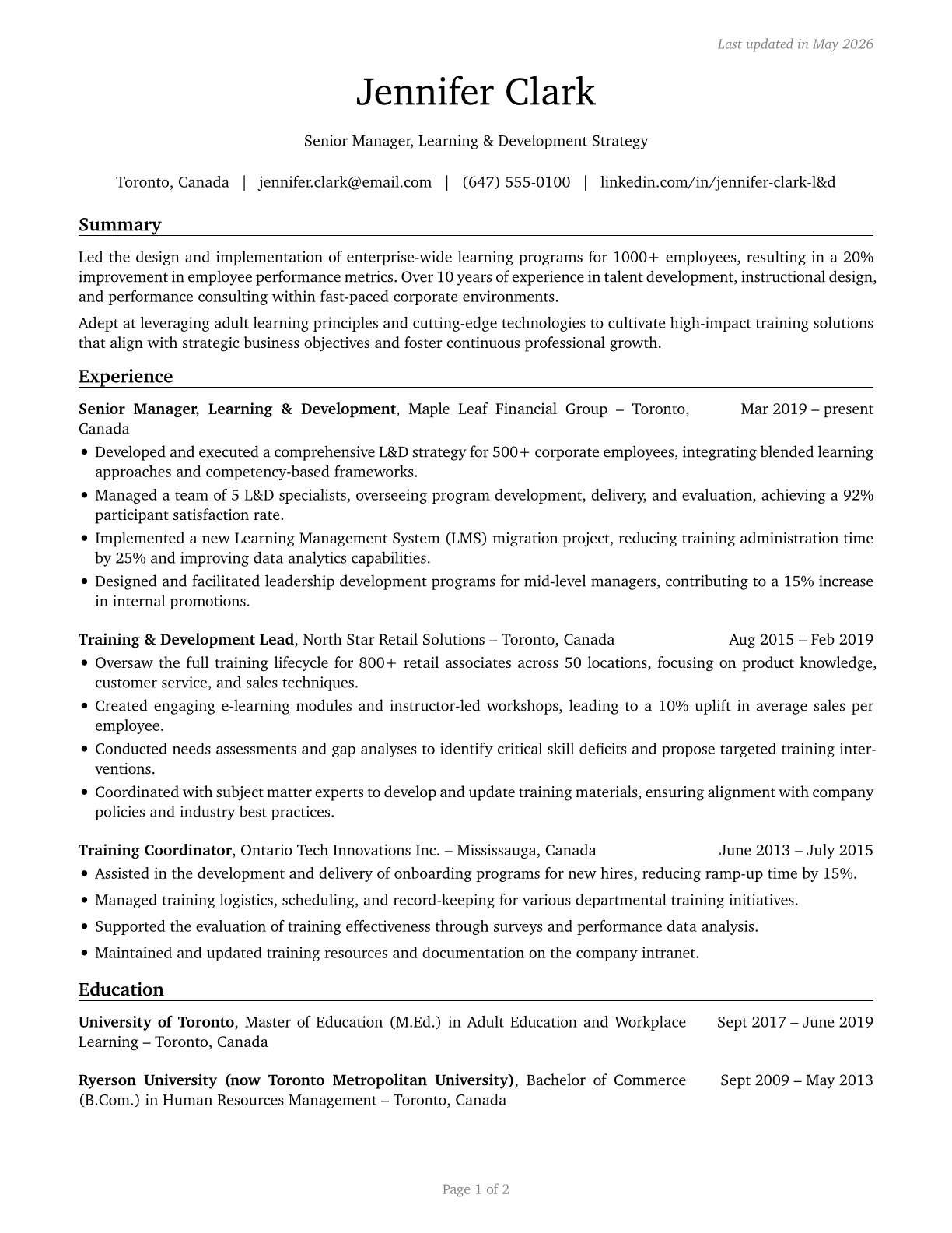 Training and Development Managers CV in English — page 1