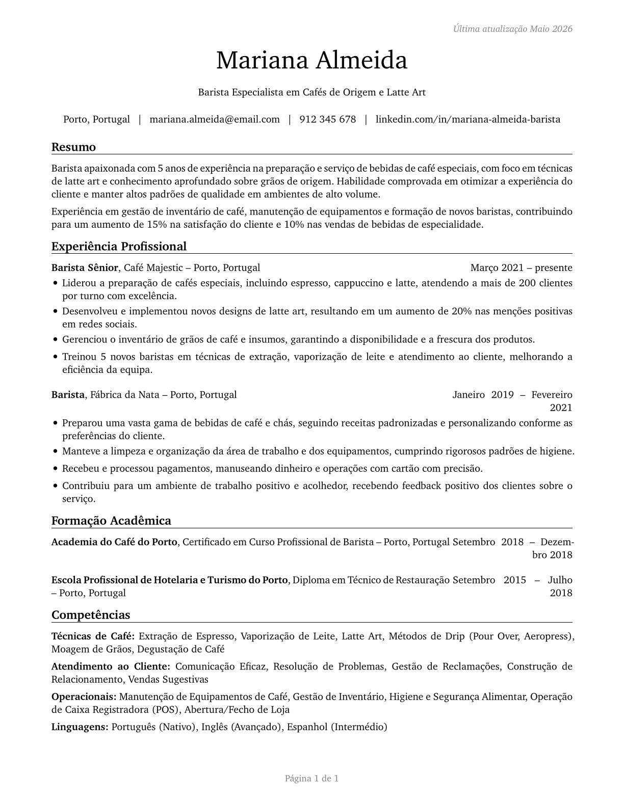 Baristas CV in Portuguese — page 1