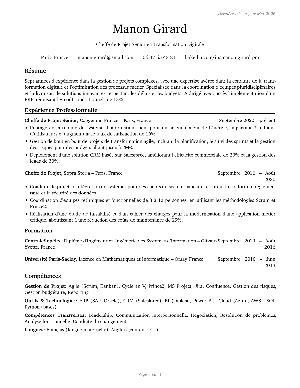 Project Management Specialists CV in French — page 1