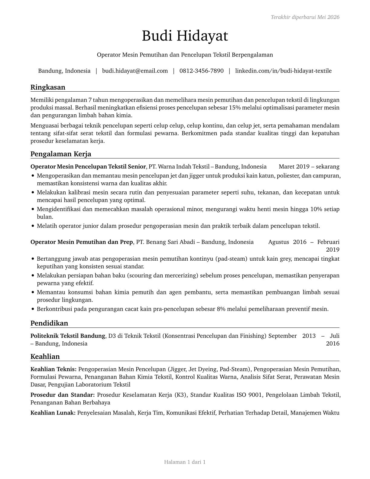 Textile Bleaching and Dyeing Machine Operators and Tenders CV in Indonesian — page 1