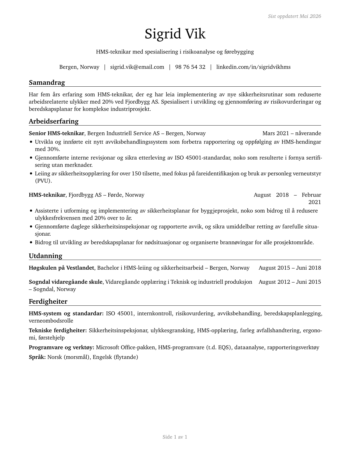 Occupational Health and Safety Technicians CV in Norwegian_nynorsk — page 1
