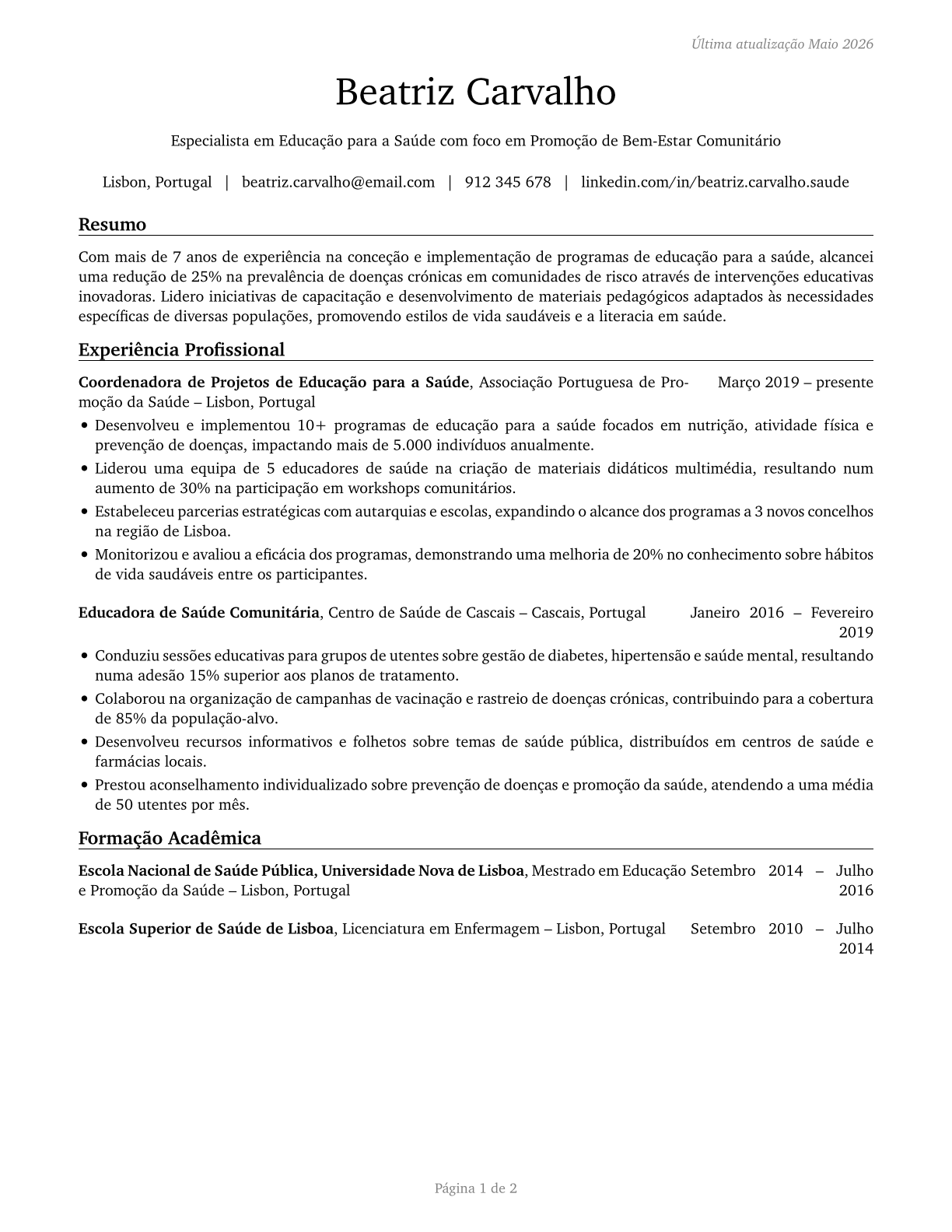 Health Education Specialists CV in Portuguese — page 1