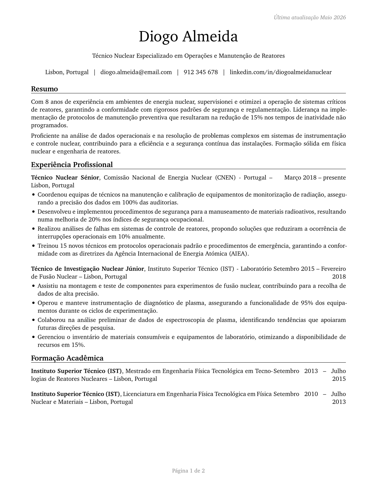 Nuclear Technicians CV in Portuguese — page 1