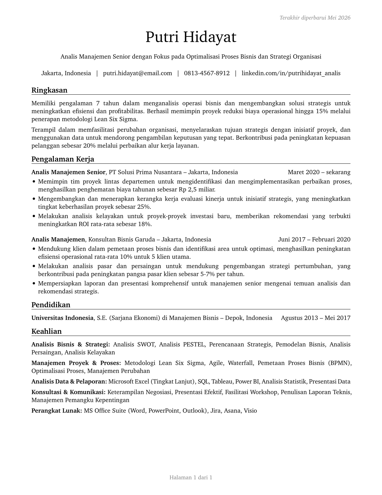 Management Analysts CV in Indonesian — page 1
