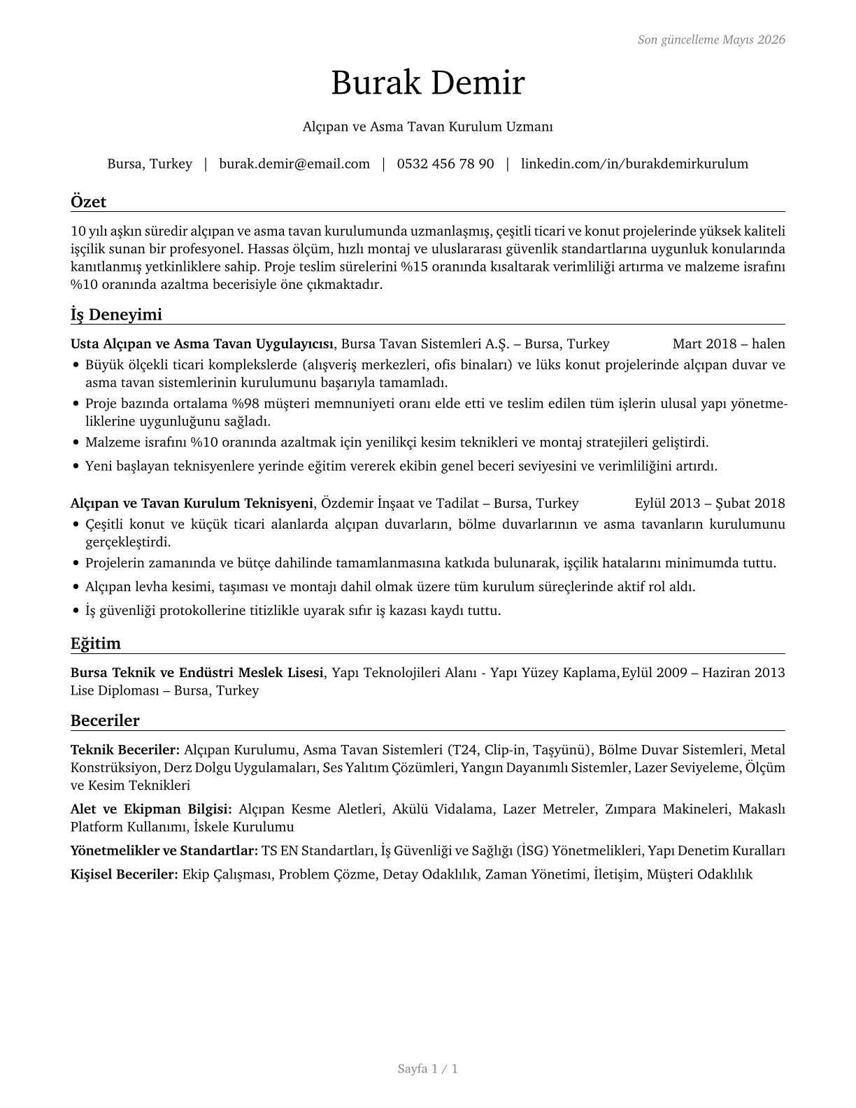 Drywall and Ceiling Tile Installers CV in Turkish — page 1