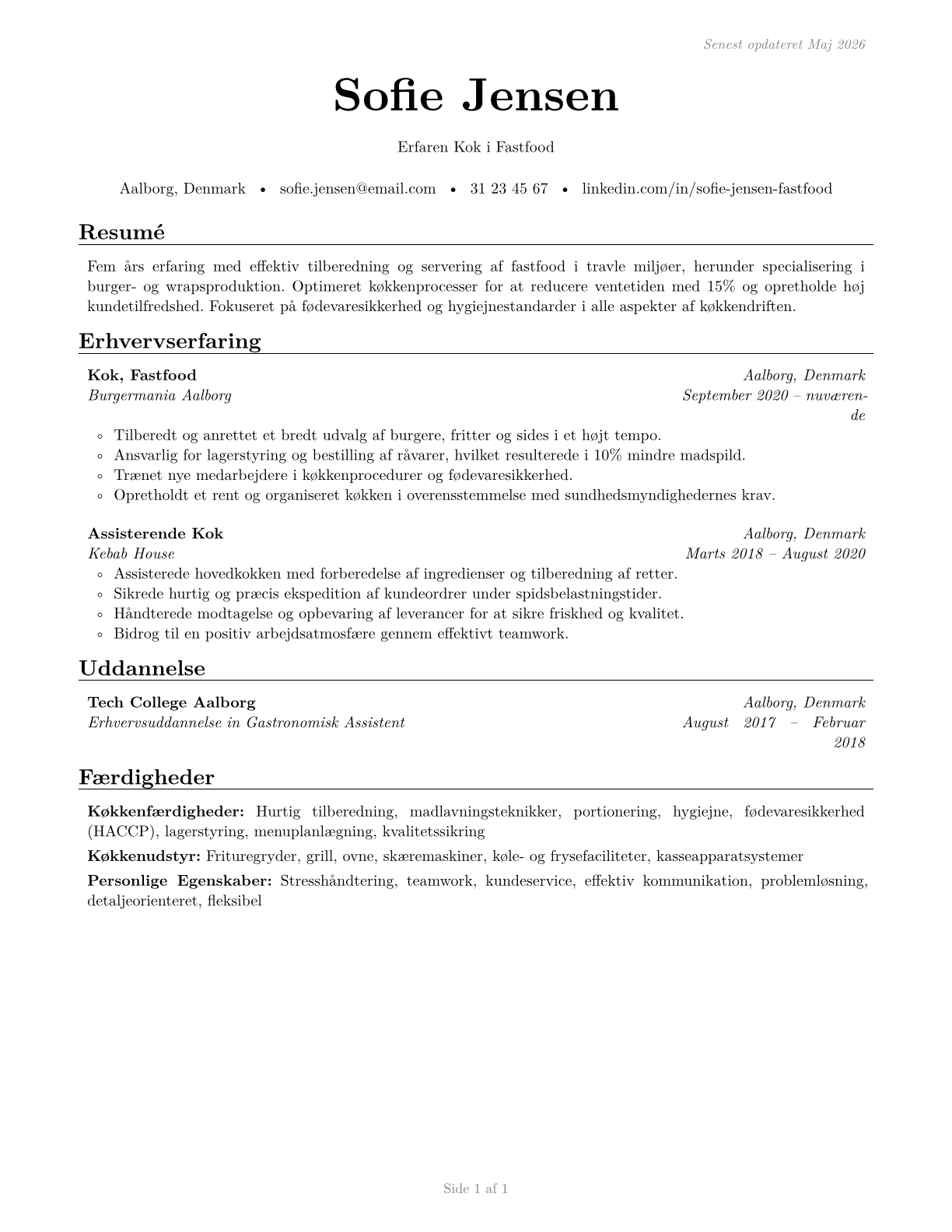 Cooks, Fast Food CV in Danish — page 1