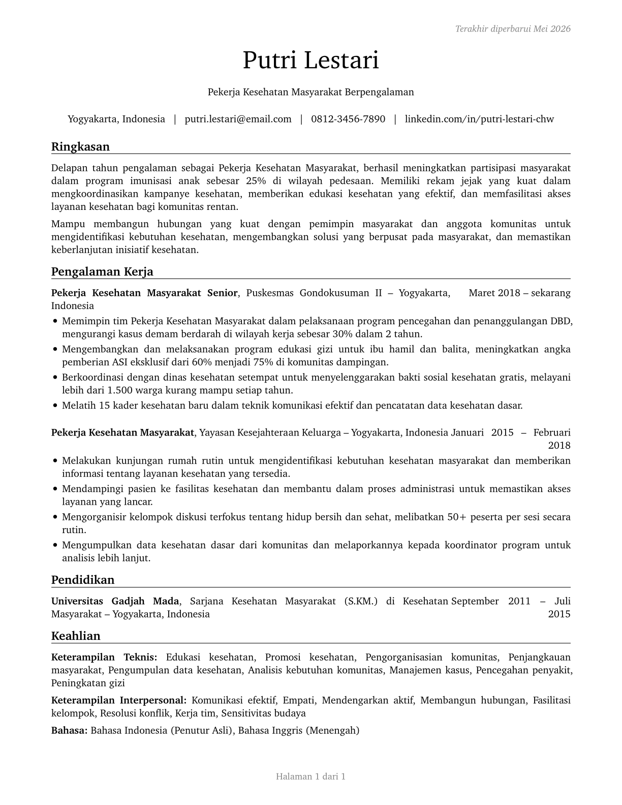 Community Health Workers CV in Indonesian — page 1